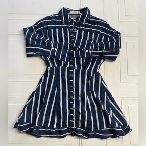 All About May Womens Sz 4 Blue White Striped Button Up Long Sleeve Collar Dress